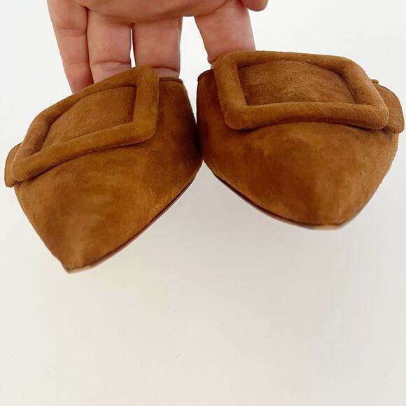 Manolo Blahnik Maysale Camel Suede Buckle Pointed Toe Flat Slide Mules IT 40 - Picture 7 of 11